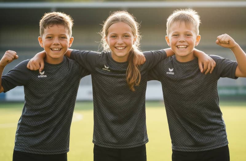 Drei Kinder im Camp-Trikot feiern zusammen auf dem Fußballplatz